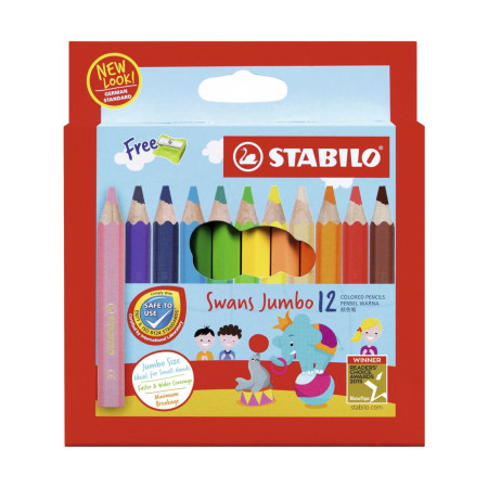 Набор утолщенных укороченных цветных карандашей Stabilo Swans Jumbo, 12 цветов и точилка